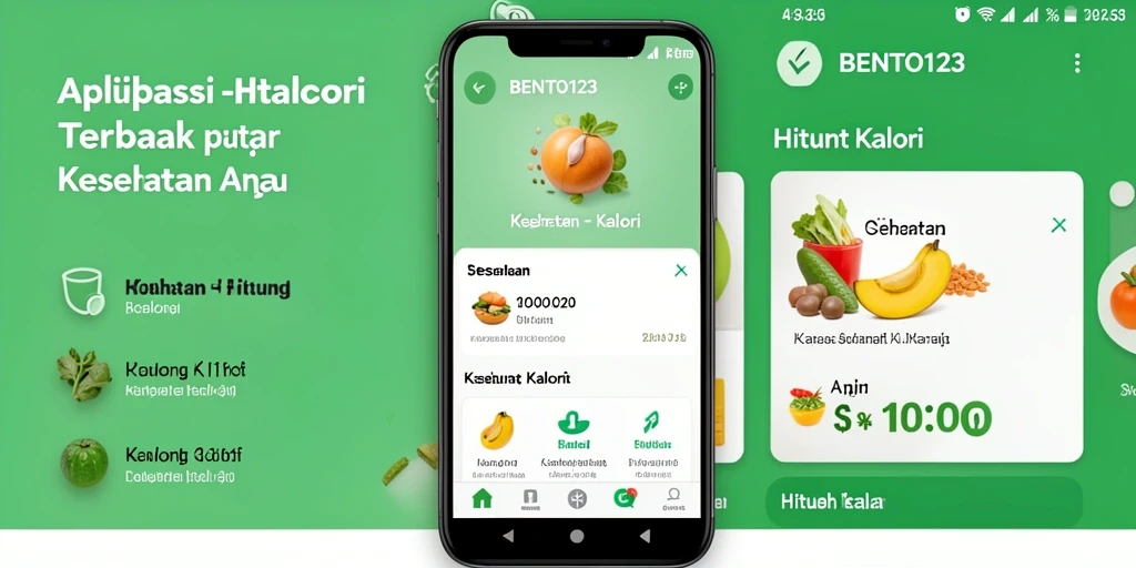 Tangkapan layar BENTO123 menampilkan fitur hitung kalori dan grafik kemajuan.